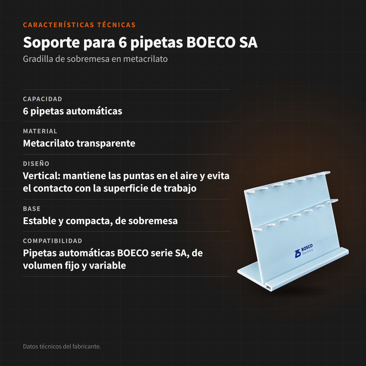 Soporte para 6 pipetas BOECO SA: características técnicas